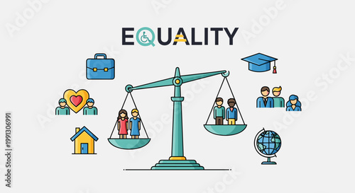 Illustration of equality with a balance scale, diverse people, and symbols of life, work, and education.