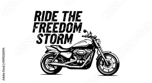 Motorcycle with freedom storm text graphic.