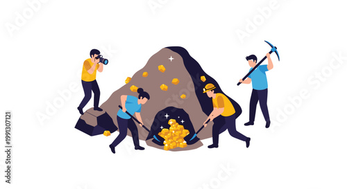 Team of miners in a dark cave use pickaxes and shovels to dig out glowing gold nuggets from a rock wall in an underground mine.