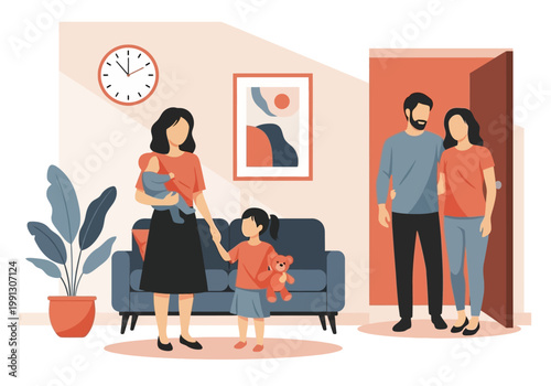 Professional Nanny and Babysitter Caring for Children while Parents Return Home, Flat Vector Illustration of Childcare Service, Parenting, and Domestic Life Concept
