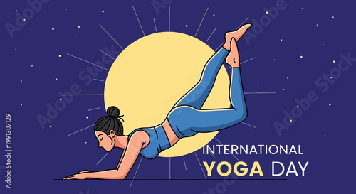 International Yoga Day: Woman in Dhanurasana pose against a stylized sun and starry night sky