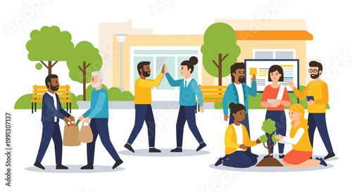 Diverse group of people engaging in various community activities, including shopping, high-fiving, and planting a tree.
