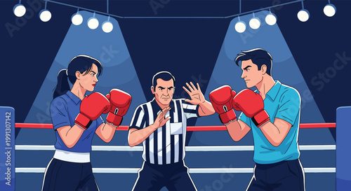 Professional male and female boxers engage in an intense match in a traditional ring under bright spotlights with a referee.