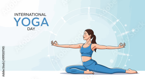 Woman practicing yoga on International Yoga Day, blue background, healthy lifestyle