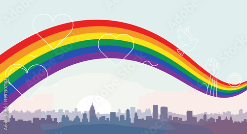 Vibrant rainbow arching over a city skyline at sunset, adorned with hearts and clouds, symbolizing hope and love.