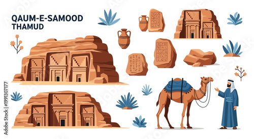Thamud civilization ruins appear alongside nomadic desert travelers.
