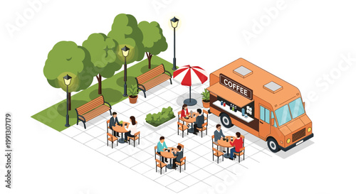 Isometric view of a mobile coffee truck parked in a city park with customers enjoying drinks and food at outdoor cafe tables.