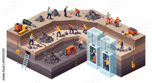 Busy underground mining operation with numerous laborers using heavy machinery and manual tools to extract valuable minerals and ore.