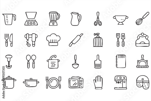 Kitchen cooking icons, utensils appliances cookware baking tools set