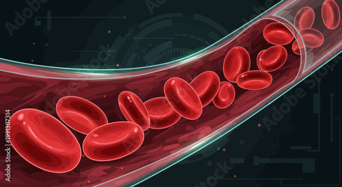 Red blood cells flowing through a blood vessel, scientific illustration