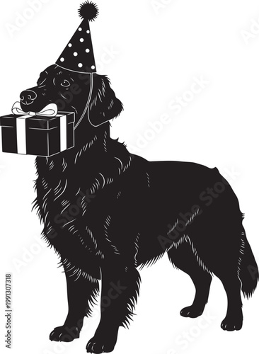 Black silhouette of a golden retriever dog wearing a polka dot party hat and holding a wrapped gift box.