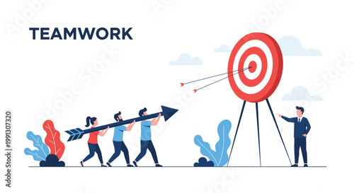 Motivated team members work together to carry a massive arrow toward a target as their leader provides strategic direction and goals.