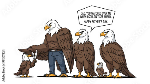 Father's Day Eagle Family Illustration: A heartwarming illustration depicts a family of eagles celebrating Father's Day, with a strong father figure watching over his young ones.