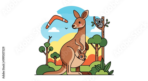 Cartoon Kangaroo Mother Carrying Joey with Boomerang.