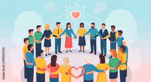 Diverse group of people holding hands in a circle, symbolizing unity, community, and love with a heart at the center.