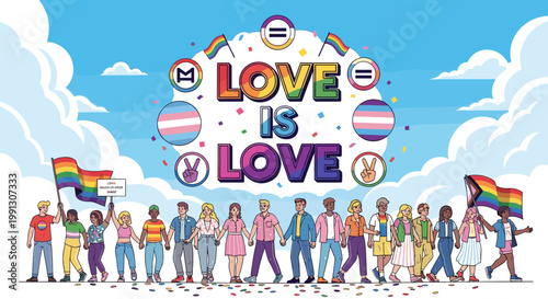 Diverse group of people holding hands under a sky with "LOVE IS LOVE" text and pride flags, celebrating equality and acceptance.
