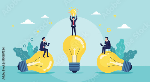 Innovative business professionals sit on top of giant light bulbs while brainstorming creative solutions and developing new ideas.