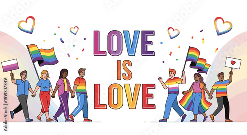 Diverse group of people celebrating LGBTQ+ pride with rainbow flags and 'Love is Love' message.