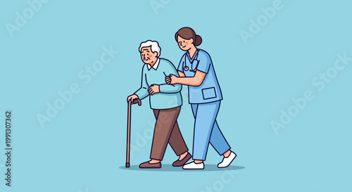 Nurse assisting elderly man with cane walking, healthcare support, home care, medical assistance