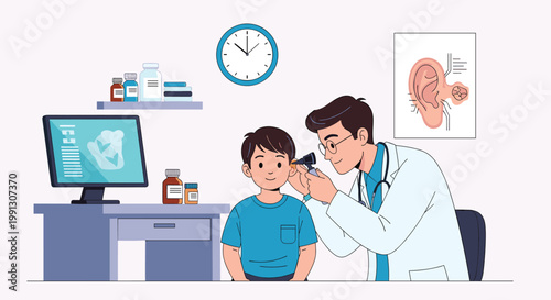 Professional male pediatrician uses a specialized otoscope to perform a routine ear examination on a young boy in a medical clinic.