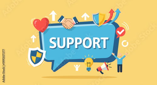 Vibrant illustration of support concept, featuring a large speech bubble with "SUPPORT" surrounded by positive icons like a heart, handshake, shields, and upward arrows.