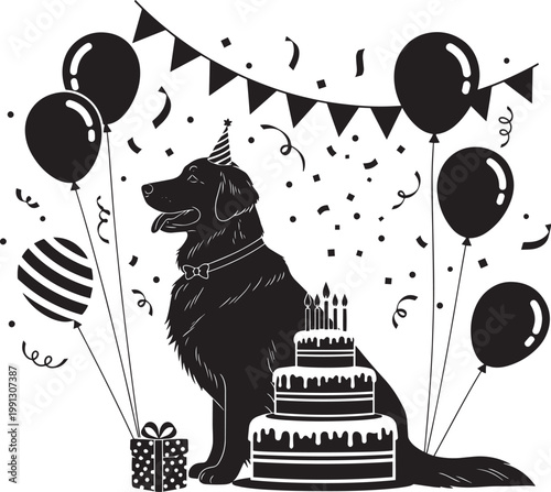 Black silhouette of a golden retriever dog sitting next to a birthday cake and gifts with balloons confetti.
