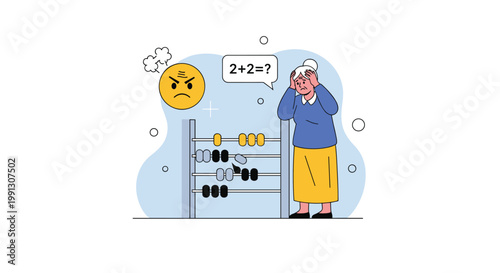 Frustrated senior woman experiences confusion and cognitive difficulty while trying to solve a simple math problem using an abacus.