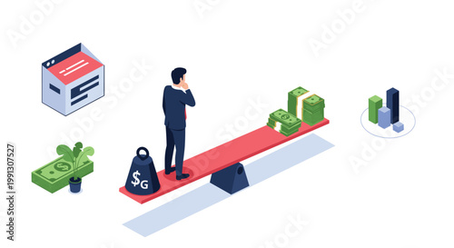 Pensive businessman stands on a large see-saw attempting to balance a heavy weight against stacks of money and various growth charts.