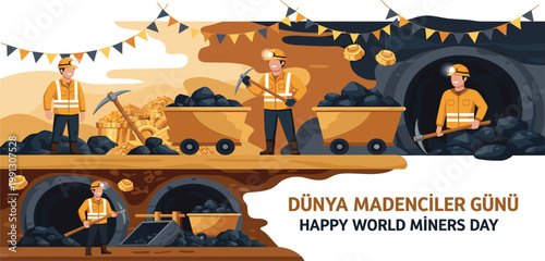 World Miners Day Banner with Coal Mine Workers Underground Tunnel Carts and Industrial Labor Celebration Design