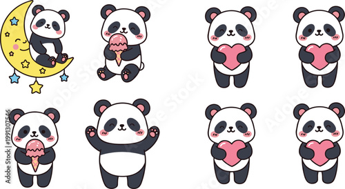 Cute panda cartoon character collection with different poses holding heart ice cream and moon vector illustration set for kids design