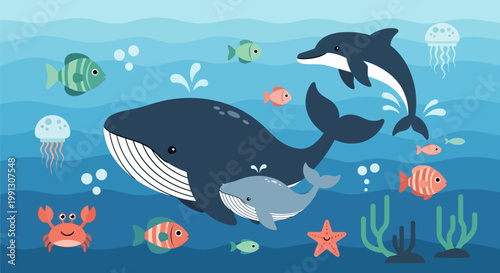 Cartoon illustration of a mother whale and her baby calf swimming underwater with marine friends.