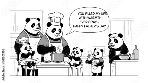Panda Family Kitchen: A heartwarming illustration of a panda family celebrating father's day, filled with warmth and love.