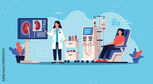 Medical professional explains the process of kidney dialysis to a patient using a digital screen and specialized treatment equipment.