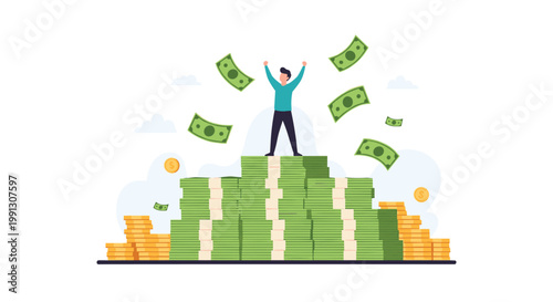 Victorious businessman stands triumphantly atop a massive pile of cash with banknotes flying through the air to represent wealth.