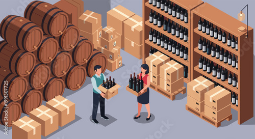 Isometric view of a wine warehouse where workers manage inventory including wooden barrels, crates of bottles, and large storage racks.