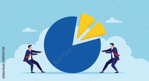 Competitive businessmen engage in a market share battle by pulling apart large pieces of a blue and yellow circular pie chart graphic.