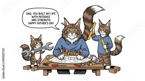 Father's Day Cat Builders: A heartwarming illustration of a feline father and his two children building together, a loving Father's Day greeting.