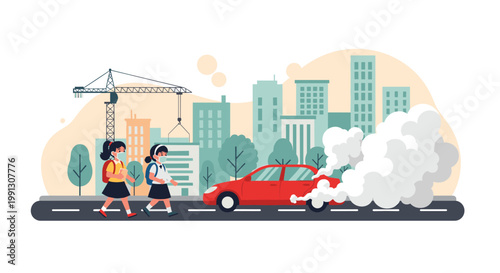Young school children wearing face masks walk along a city sidewalk near heavy construction and a car emitting dark exhaust pollution.