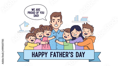 Father's Day Warmth: A heartwarming scene where a father stands embraced by his adoring children, conveying a message of love and pride on Father's Day. 