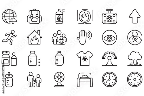 Emergency safety icons, hazard warning fire biohazard protection symbols