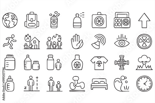 Safety hazard icon set, emergency evacuation fire warning symbols