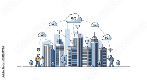 Modern city skyline connected via high-speed 5G network technology with people utilizing mobile devices for seamless communication.