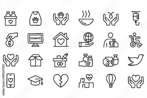 Charity donation icons, humanitarian support volunteer care symbols