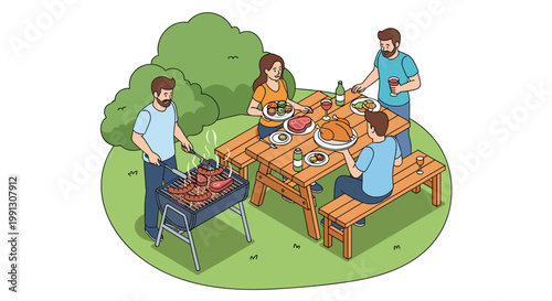 Happy group of friends and family enjoy a traditional outdoor barbecue picnic with grilled meat and drinks at a wooden park table.