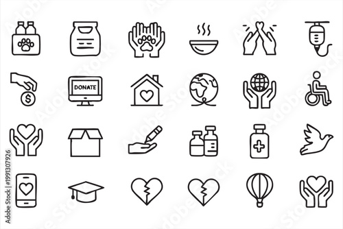Nonprofit donation icons, charity support community aid symbols