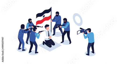 Dangerous hostage situation depicted with masked gunmen surrounding a man while a camera operator films the scene for a news broadcast.
