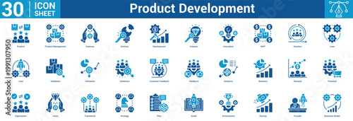 Product Development editable icon set vector illustration concept for business with icon of Product, Product Management, Features, Solution, Development, Creation, Innovation, MVP, Iteration, Lean.
