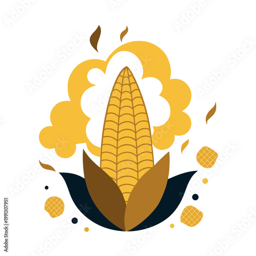 An ear of corn with husks and popcorn cloud effect, flat vector illustration, colorful design for harvest festival.