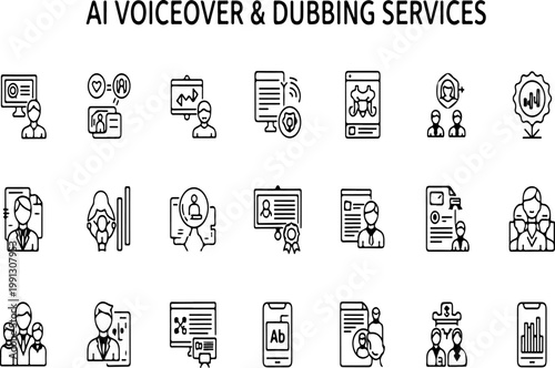 AI voiceover and dubbing services icon set, artificial intelligence speech synthesis vector elements, 18 black line icons for automated narration