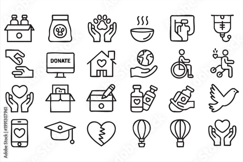 Humanitarian aid icons, charity donation volunteer support symbols